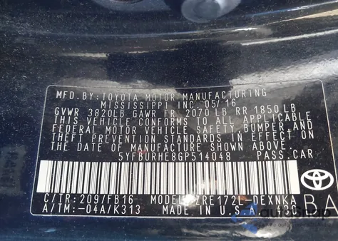 2016 Toyota Corolla Le from USA, damaged, VIN 5YFBURHE8GP514048